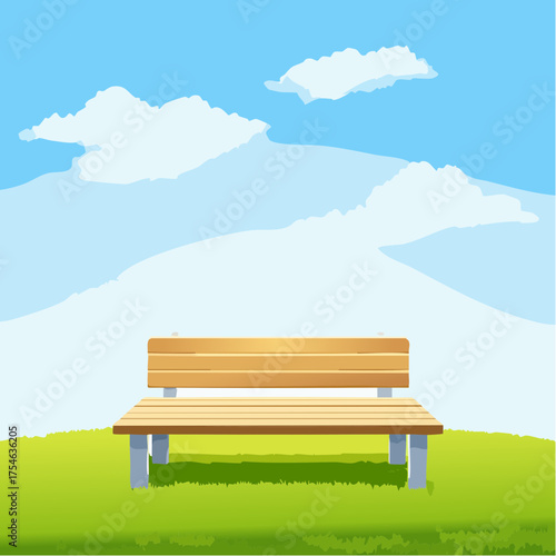 A small, wooden bench sits empty on a perfectly manicured green lawn facing a calm, endless blue sky.