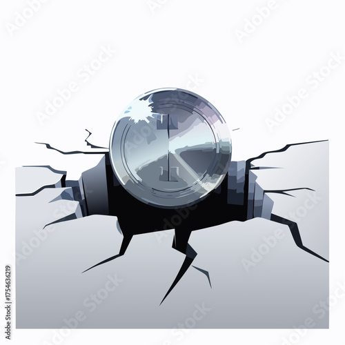 A perfectly round, glowing silver coin is positioned to cover a tiny, dark, jagged crack in the floor.