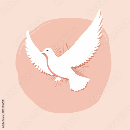 A minimalist white dove silhouette flying across a pale pink background surrounded by faint golden rays.