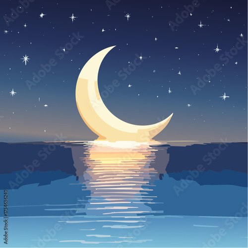 A crescent moon glowing softly over a still sea with stars twinkling above in a dark sky.