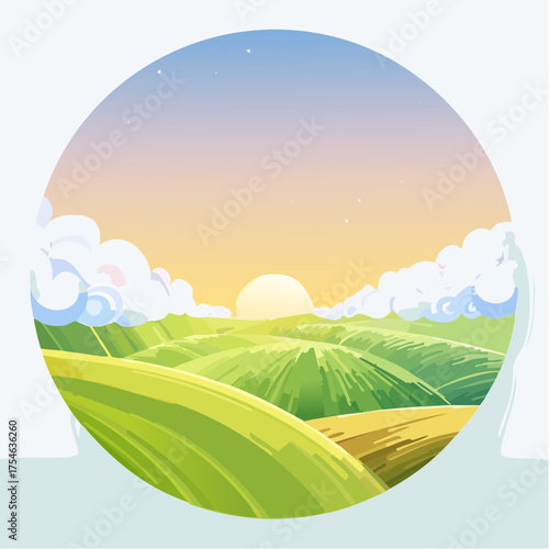 A gentle sunrise over rolling hills with diffused clouds and a soft glowing gradient sky.