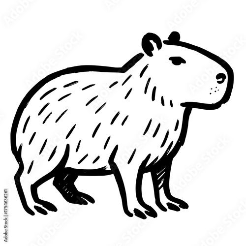 Black clip art of capybara standing, engraved style
