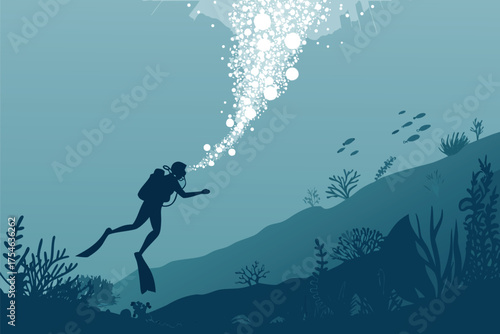 A silhouette of a scuba diver with bubbles rising towards the surface.
