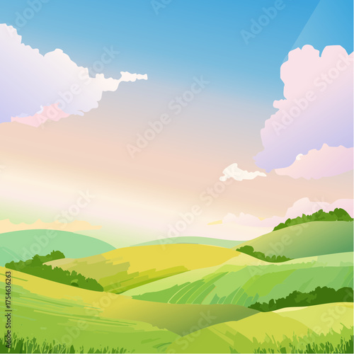 A gentle sunrise over rolling hills with diffused clouds and a soft glowing gradient sky.