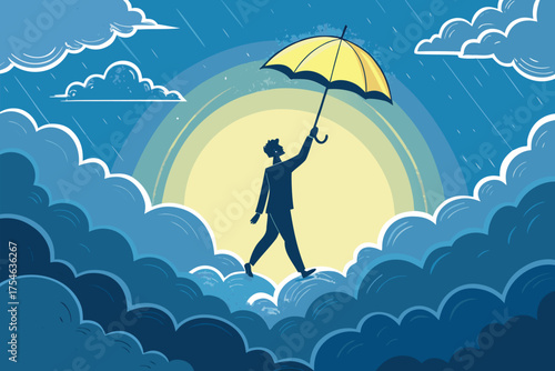 Man with umbrella walking on clouds during a rainstorm.