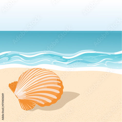 A single seashell resting on untouched sandy shores with soft turquoise waves in the background.