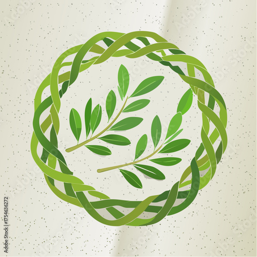 Two intertwined olive branches in a circular shape placed on a white textured background.