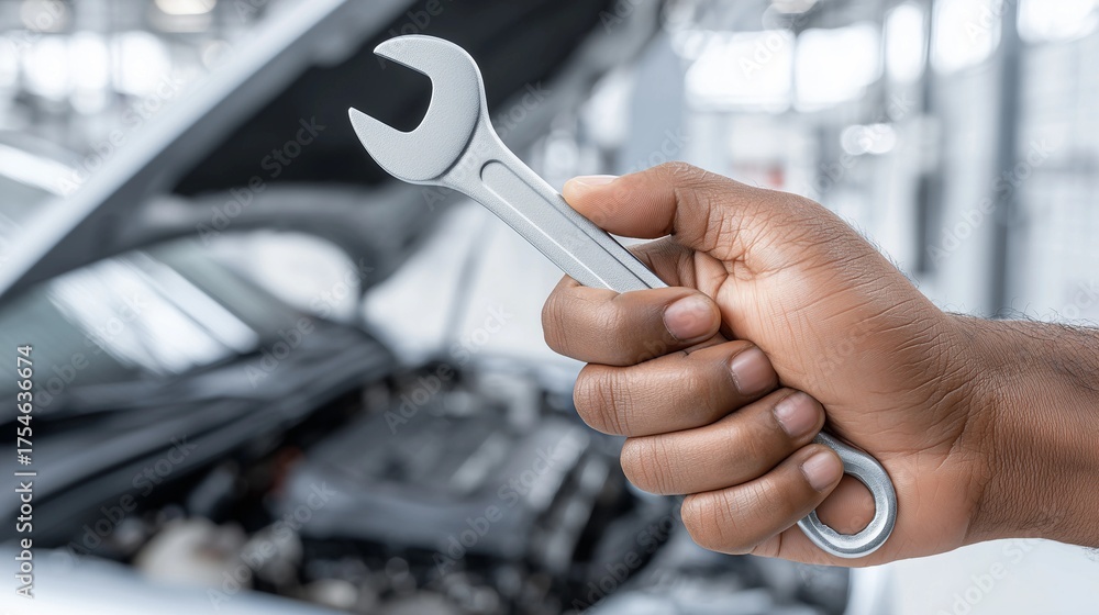 custom made wallpaper toronto digitalMechanic's hand holding wrench in front of car hood inside modern auto service center,copy space.