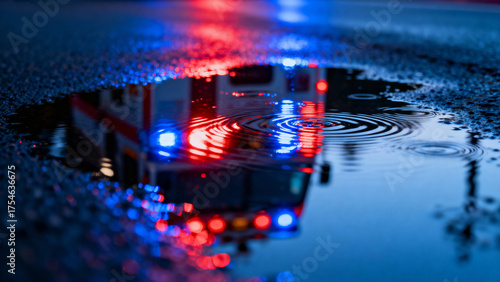 Abstract patterns of emergency vehicle lights reflecting on wet pavement, creating a dramatic visual effect. mobility guides, transit brochures, designed for transport & logistics marketing.
