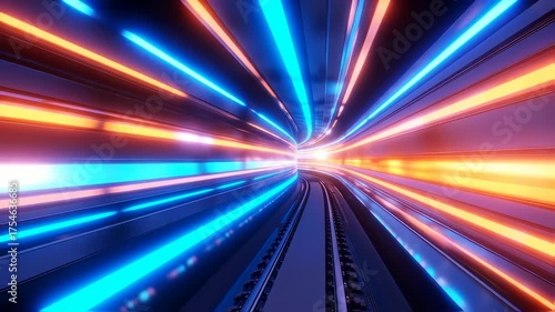A vibrant tunnel with glowing streaks of blue, orange and red light, curving ahead. Rail tracks are visible