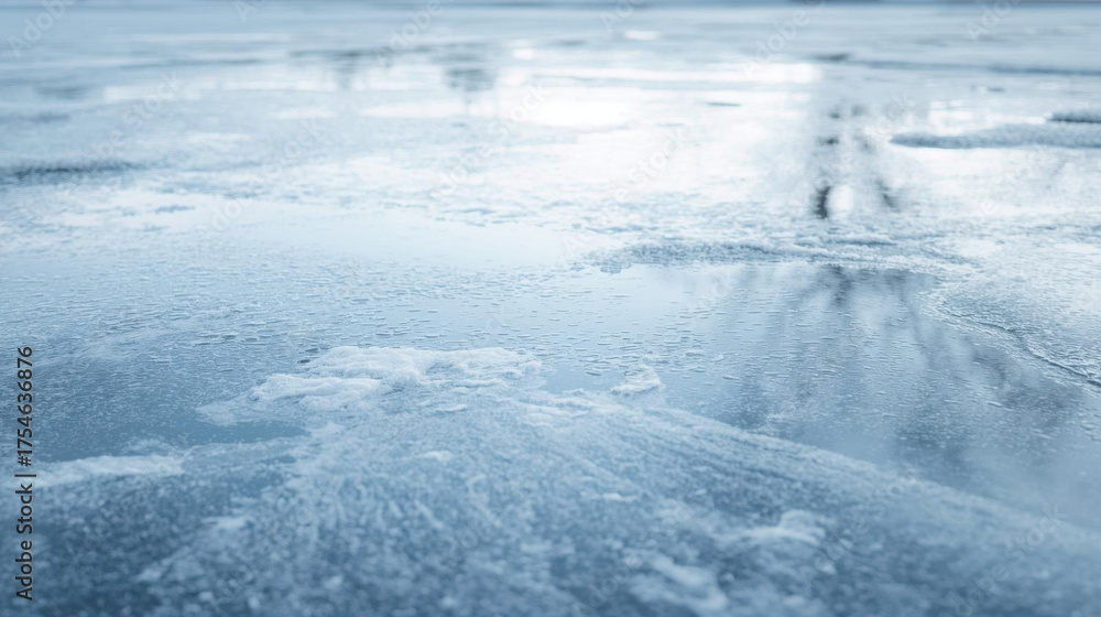 Obraz premium Serene frozen lake surface with ice patterns reflecting soft blue sky