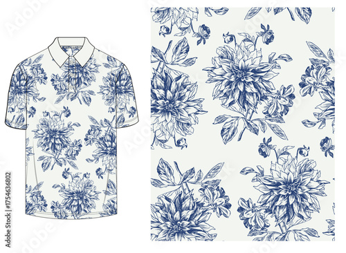 Classic seamless pattern with hand-drawn dahlia flowers and leaves in elegant line art style. Ideal for polo shirts, fashion apparel, textiles, wallpapers, surface prints in navy and off-white tones.