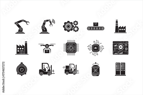 Set of industry 40 icons includes robotic arm, gear, conveyor belt, factory, drone, chip, control panel, forklift, server
