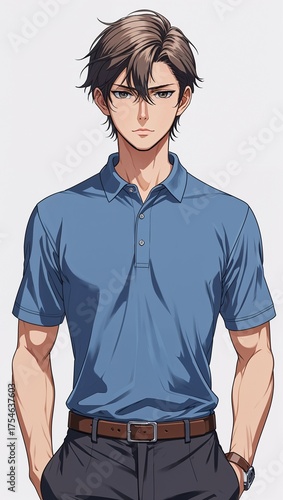 anime man in business casual polo and trousers portrait character cartoon manga design illustration