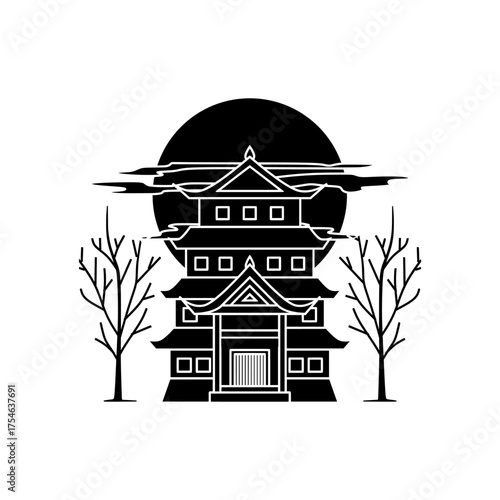 Silhouette vector of a traditional Japanese castle in black fill style, featuring layered roofs and strong symmetry, symbolizing Asian culture and timeless architecture.