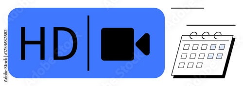 Blue HD video icon alongside a minimalist calendar, emphasizing video quality and time management. Ideal for streaming, events, planning, scheduling, productivity, media organization. Simple flat