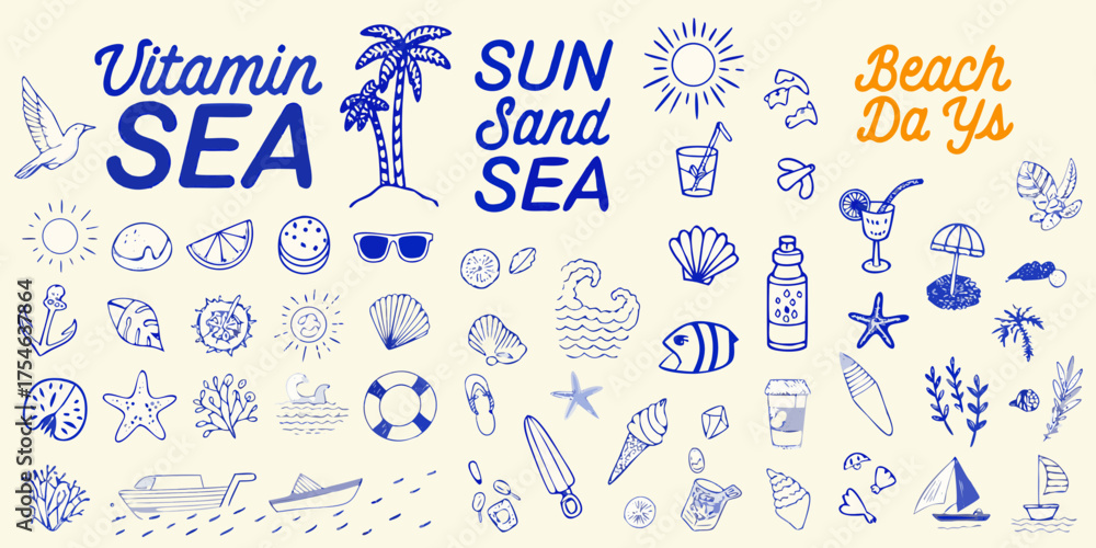 Obraz premium Vitamin sea sun sand sea beach days hand drawn doodle illustration collection