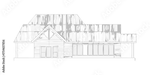 Modern architectural drawing of a single story house with large windows and gable roof