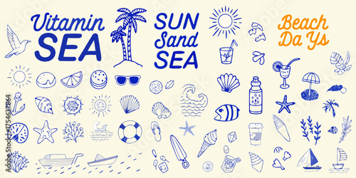 Vitamin sea sun sand sea beach days hand drawn doodle illustration collection
