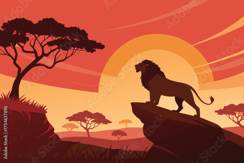 A majestic lion surveys the savanna at sunset with dramatic flair.
