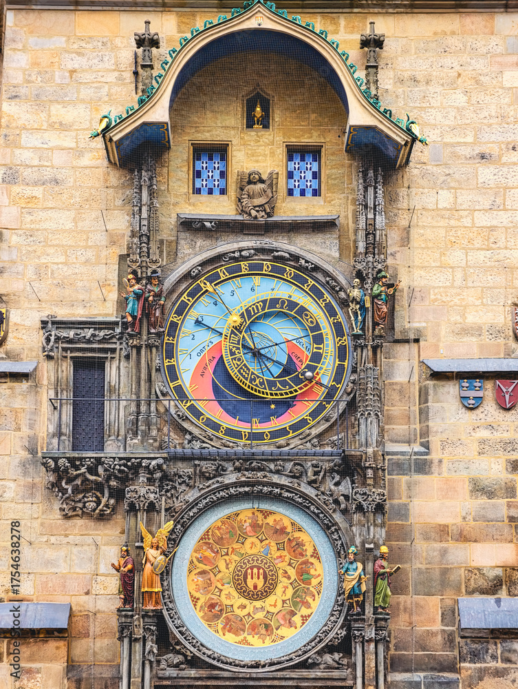 Fototapeta premium Prague Astronomical Clock Orloj Medieval Tower Historic Monument Zodiac Dial Decorative Art Architectural Detail Czech Heritage. Ultra High Resolution