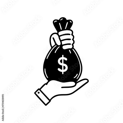 A hand holding a money bag with a dollar symbol indicating wealth or finance.
