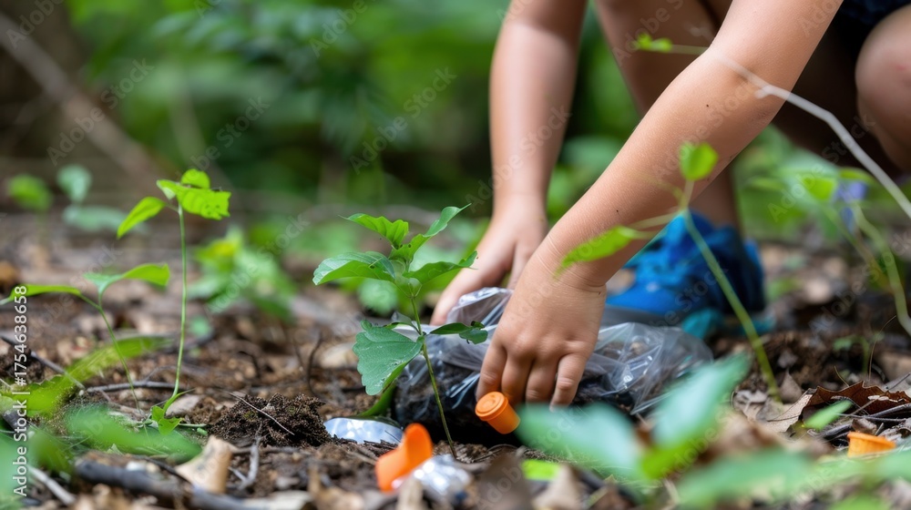 Naklejka premium Child Engaging in Environmental Conservation by Planting Young Sapling in Natural Forest Setting