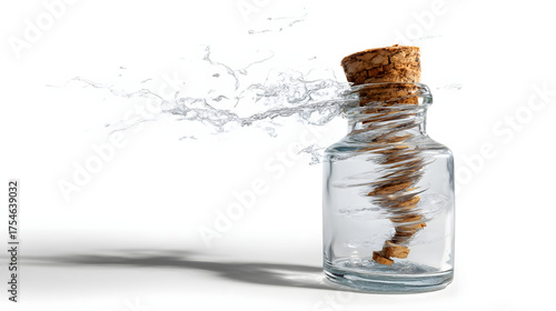 Glass bottle with swirling water tornado isolated on white background