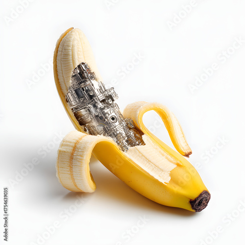 Banana with mechanical part inside isolated on white background