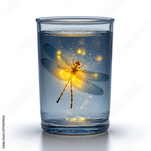Dragonfly in a glass of water with fireflies isolated on white background