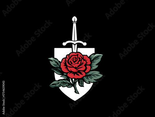 Heraldic emblem featuring a red rose, sword, and shield on a black background