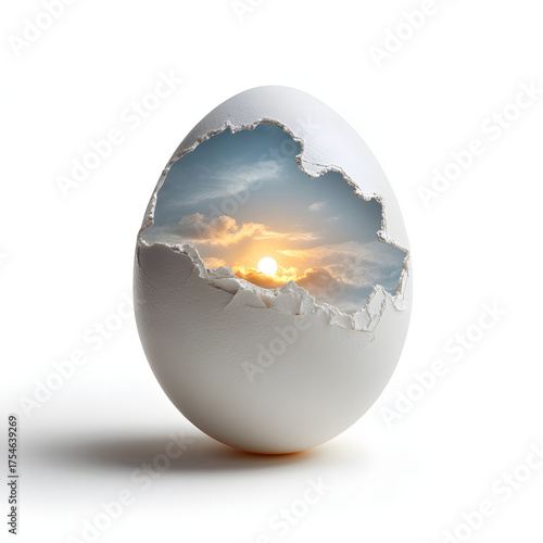 Eggshell with a sunrise inside isolated on white background, conceptual image