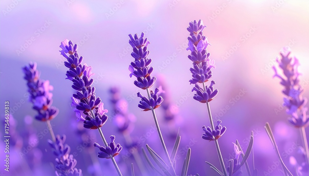 Naklejka premium Close-up of vibrant purple lavender flowers blooming in a sunlit field.