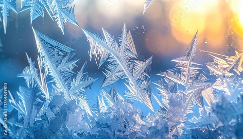 Close Up of Ice Crystals Forming on a Window Pane with Soft Golden Sunlight in the Background During Winter