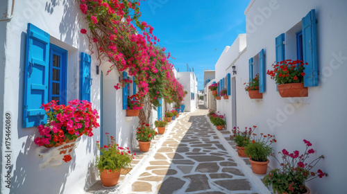 Fototapeta Naklejka Na Ścianę i Meble -  Charming narrow street with whitewashed buildings and vibrant pink flowers under clear blue sky