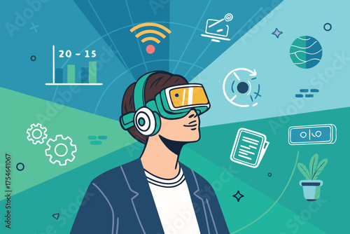 A person wearing VR goggles looks into a digital world.