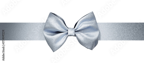 Christmas silver bow isolated on white background. Shiny ribbon band tie for present package decor.