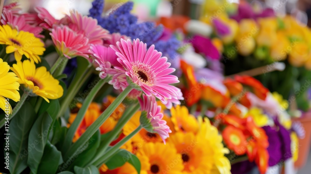 custom made wallpaper toronto digitalColorful Fresh Flowers Arrangement Displayed at Market Stand with Gerbera Daisies, Lilacs and Mixed Blooms