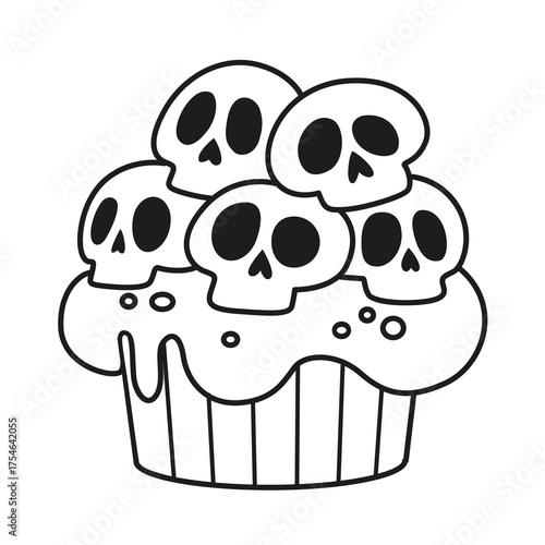 Biscuit cake with Halloween cartoon sugar skull pile decoration outline for coloring page on white background