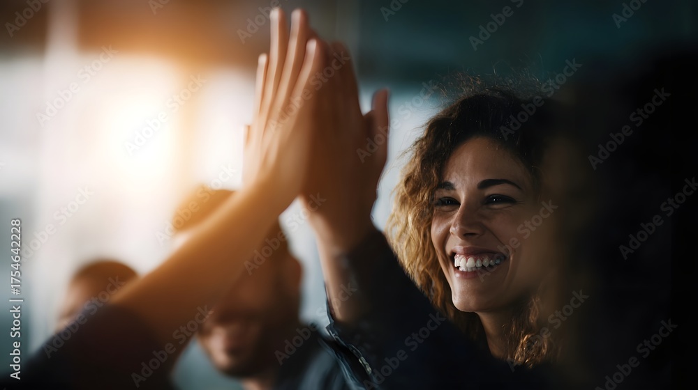 Fototapeta premium Smiling colleagues share a celebratory high five symbolizing successful teamwork and positive collabo n in a bright office environment