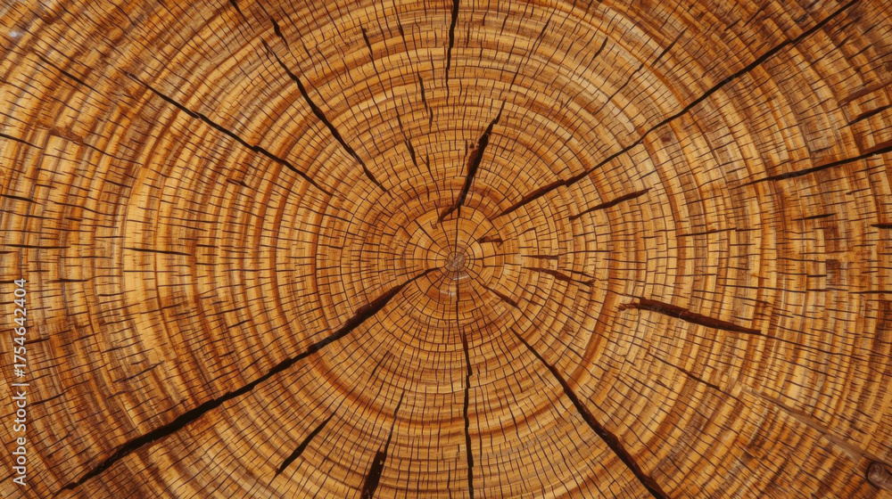 Fototapeta premium Close up of tree trunk cross section showing annual rings and texture. Natural wood pattern with concentric circles