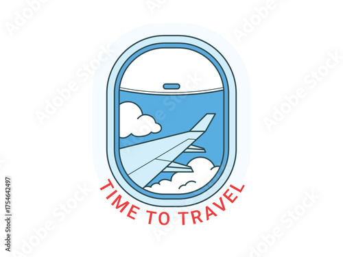 Airplane window logo, time to travel, commercial airplane interior