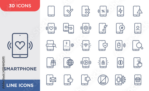 Smartphone set icon. Globe, Love, Checklist, Message, Transfer, Like, Dislike, Vector illustration.
