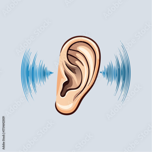 An anatomical depiction of an ear and soundwaves, representing auditory perception
