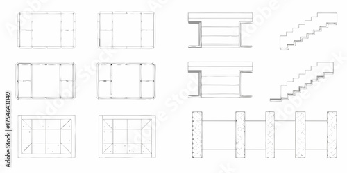Architectural and construction element sketches including furniture shelving stairs and fencing designs