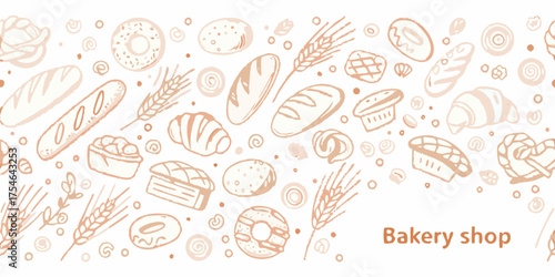 Whimsical hand drawn bakery pattern with assorted breads pastries and doughnuts