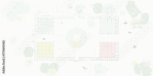 Top down architectural plan of a modern building complex with surrounding trees and small figures representing people