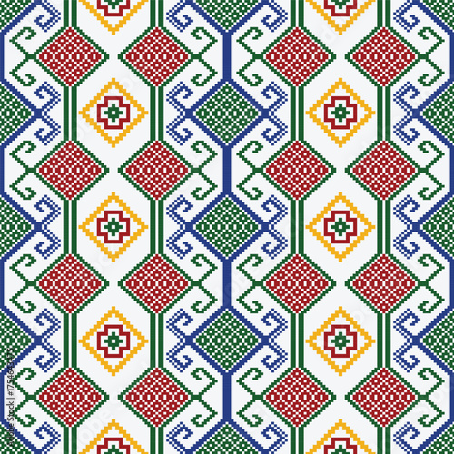 Thai Geometric Pattern in Red, Yellow, Green, Orange, and White on White Background Elegant Fusion Design for Fabric and Tile Decoration