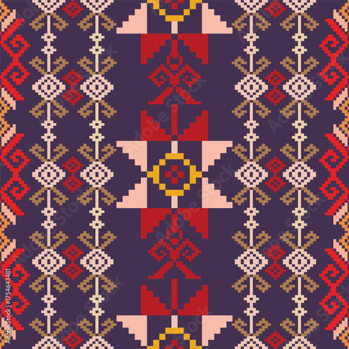 Tribal Geometric Pattern in Red, Pink, Orange, and Cream on Purple Background Ethnic Decorative Design for Fabric and Tile Art
