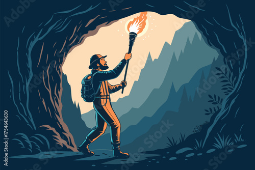A person holding a torch inside a cave looking at a mountain landscape.